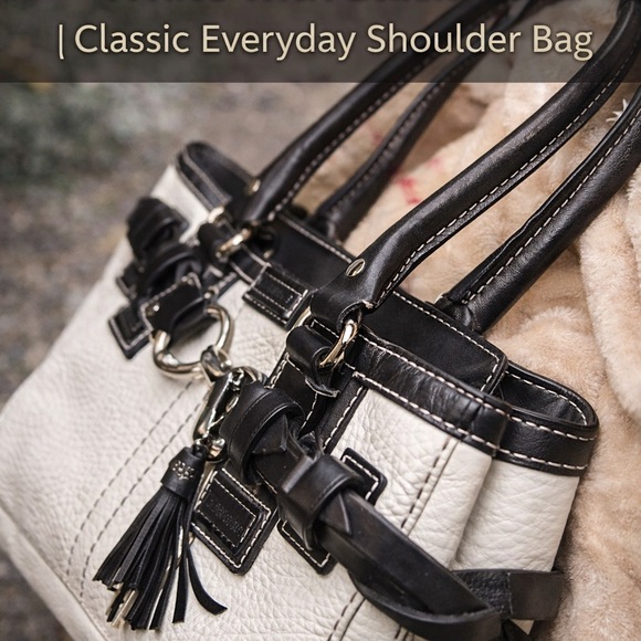 Coach Handbags - Coach White Pebbled Leather Satchel with Black Trim – Classic Structured Tote